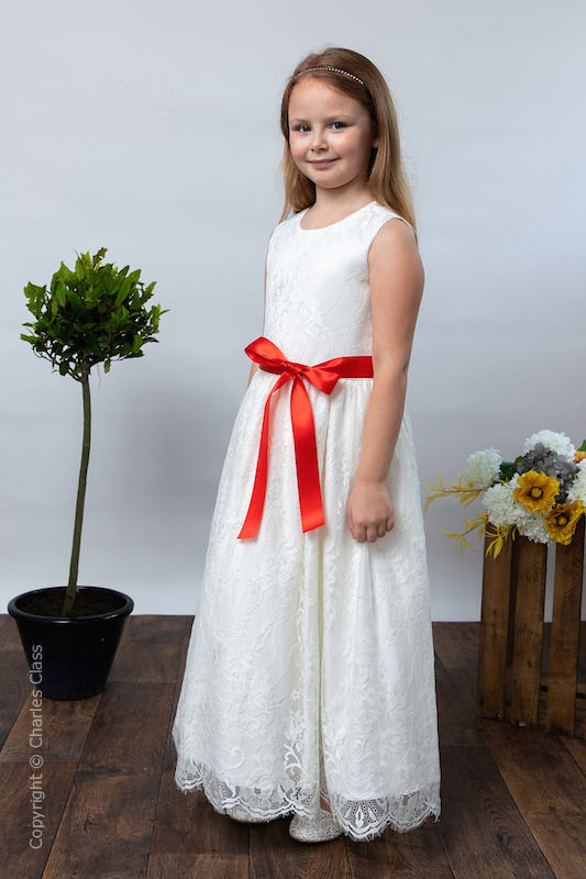 Girls Ivory Eyelash Lace Dress & Red Satin Sash - Harriet