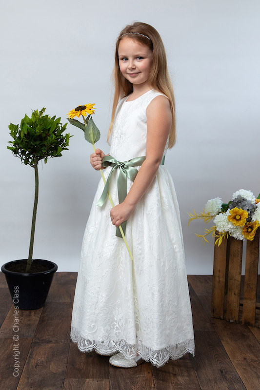 Girls Ivory Eyelash Lace Dress & Sage Satin Sash - Harriet