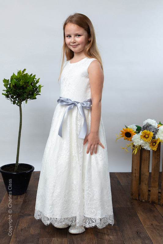 Girls Ivory Eyelash Lace Dress & Silver Satin Sash - Harriet