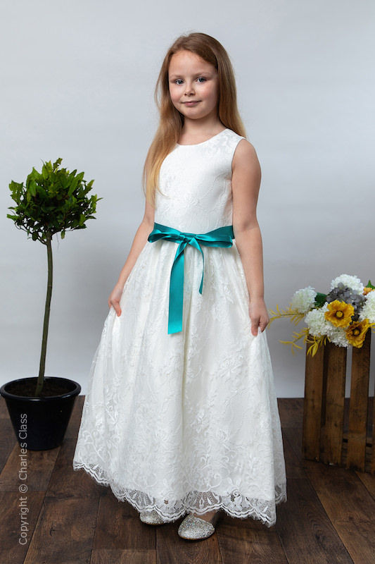 Girls Ivory Eyelash Lace Dress & Teal Satin Sash - Harriet