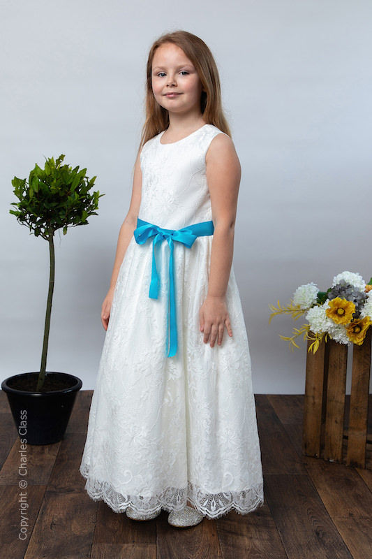 Girls Ivory Eyelash Lace Dress & Turquoise Satin Sash - Harriet