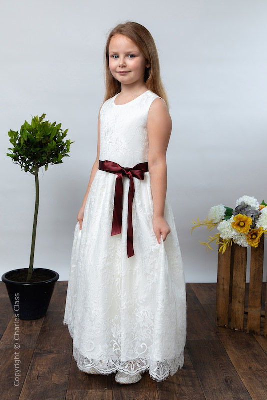 Girls Ivory Eyelash Lace Dress & Wine Satin Sash - Harriet