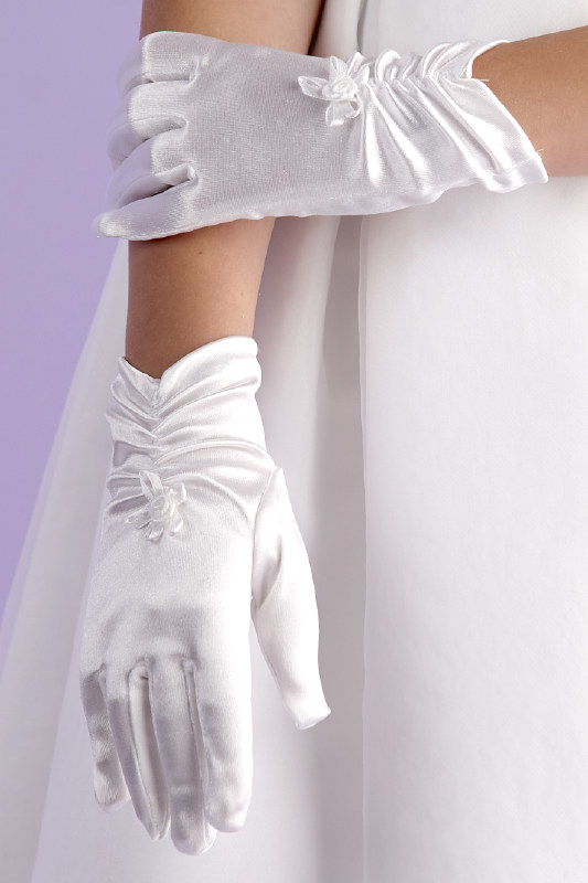 Peridot Girls White Ruche Satin Gloves - Style Jessica