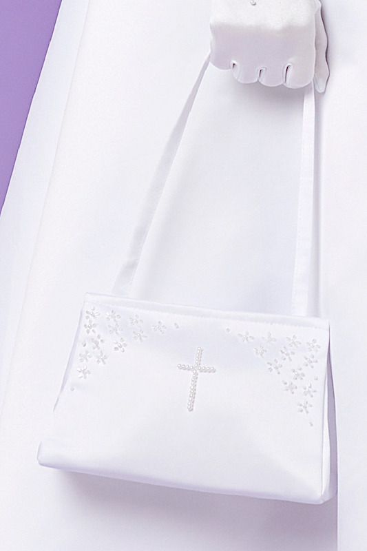 Peridot Girls White Pearl Cross Satin Bag - Style Charlotte