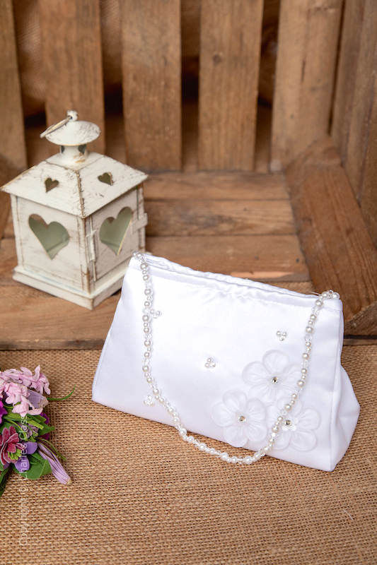 Peridot Girls White Diamanté Flower Satin Bag - Style Evelyn