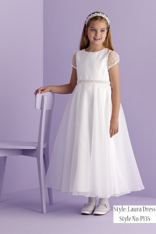 Peridot Ivory or White Pearl Organza Flower Girl Dress - Style Laura