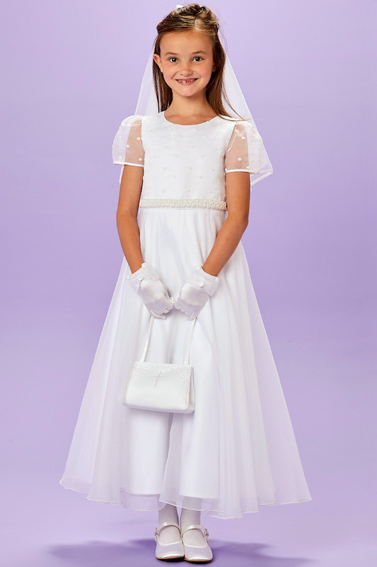 Peridot White Flock Spot Communion Dress - Style Laura