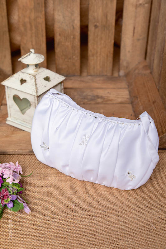 thumbnail interactive-video image 1 of White Satin & Organza Pearl Bridal Dolly Bag – Wedding Flower Girl Handbag – New 1 of 4