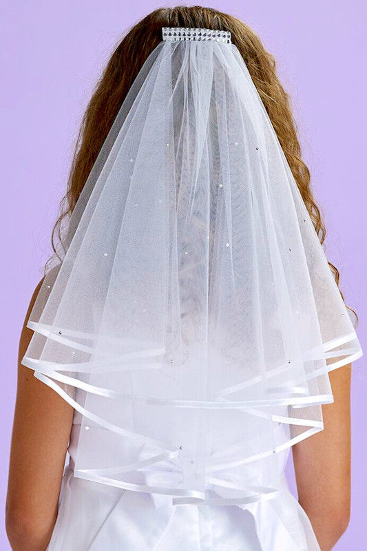 Peridot Girls White Diamante Communion Veil - Style Katie