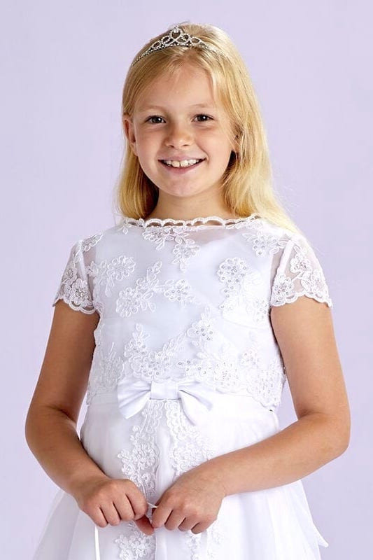 Peridot Girls White Embroidered Organza Short Sleeve Topper - Style Aimee