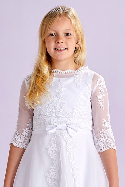 Peridot Girls White Embroidered Organza 3/4 Sleeve Topper - Style Mary