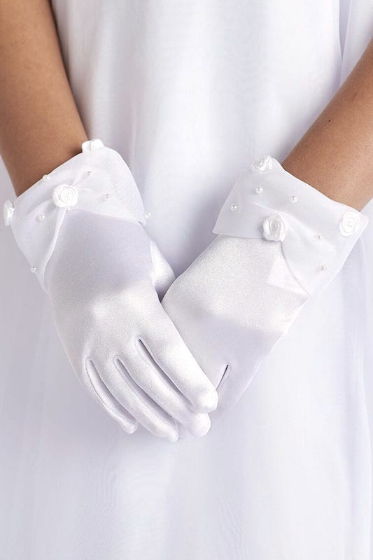 Peridot Girls White Pearl & Rosebud Gloves - Style Zoe