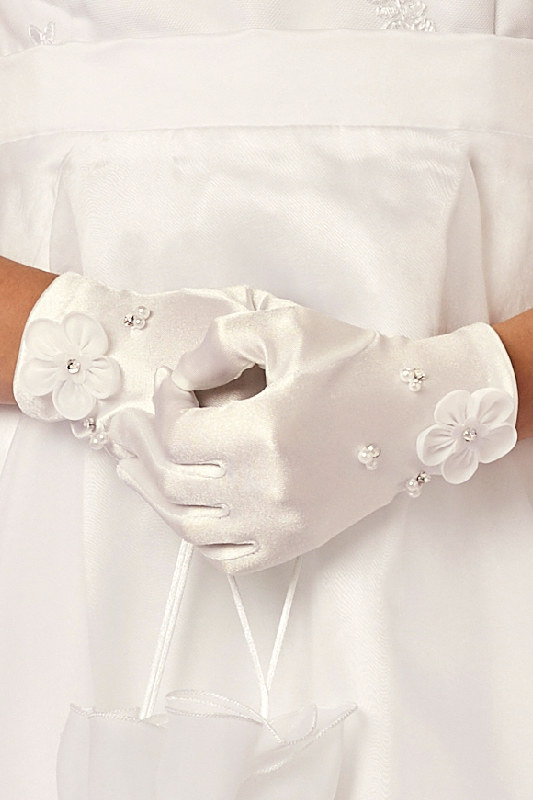 Peridot Girls Ivory Diamante Flower Gloves - Style Naomi