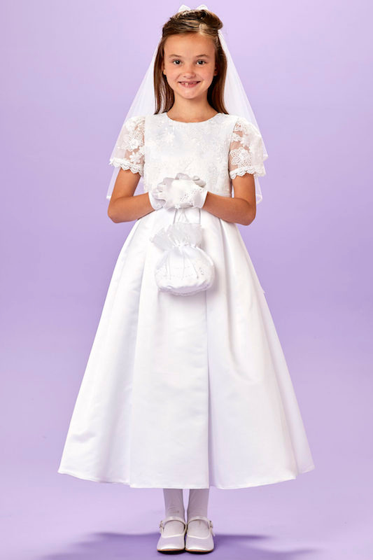 Peridot White Lace Duchess Satin Communion Dress - Style Sarah
