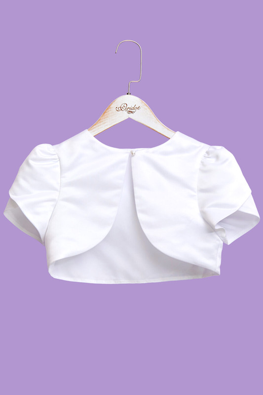 Peridot Girls White Duchess Satin Petal Short Sleeve Bolero - Style Molly