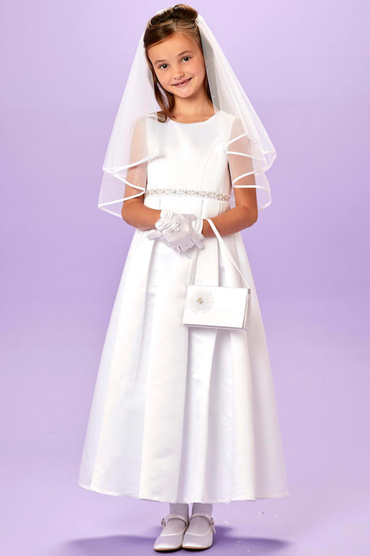 Peridot White Diamante Box Pleat Communion Dress - Style Layla