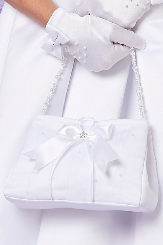 Peridot Girls White Pearl Bow Satin Bag - Style Ruby