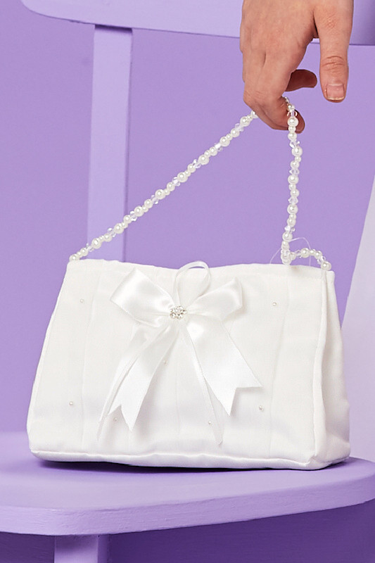 Peridot Girls Ivory Pearl Bow Satin Bag - Style Ruby