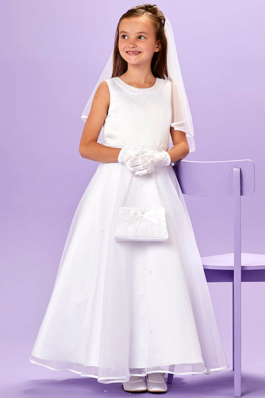 Peridot White Beaded Pearl Organza Communion Dress - Style Florence