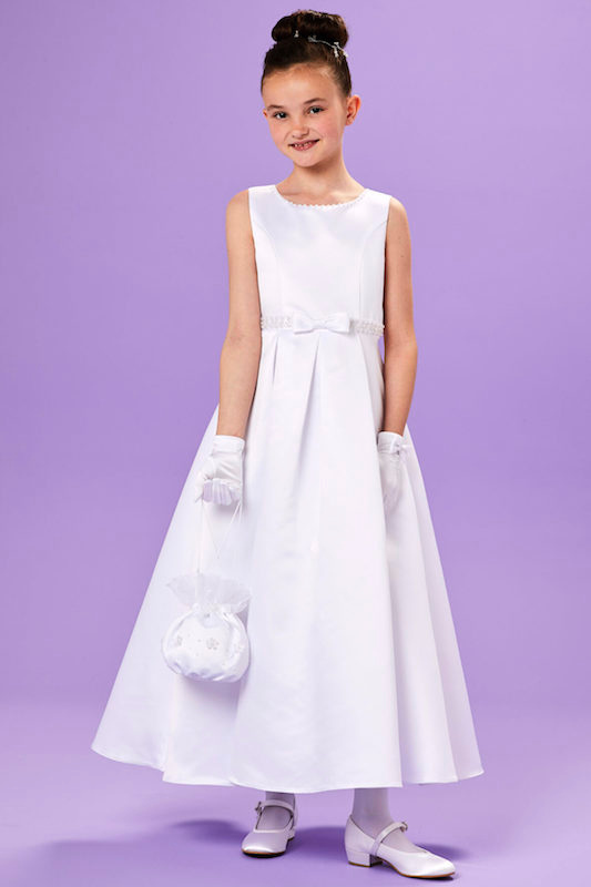 Peridot White Pearl Box Pleat Communion Dress - Style Sinead