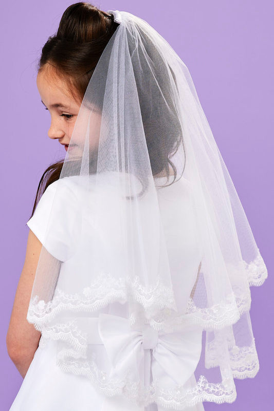 Peridot Girls White Lace Trim Communion Veil - Style Abbie