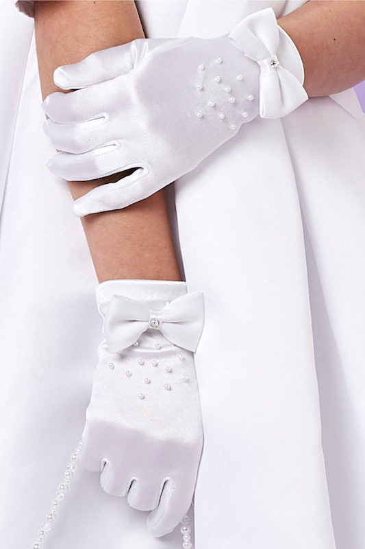 Peridot Girls White Pearl & Diamante Bow Gloves - Style Stella