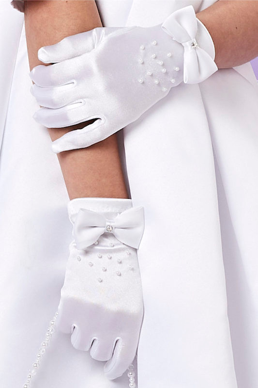 Peridot Girls White Pearl Diamante Bow Gloves Style Stella