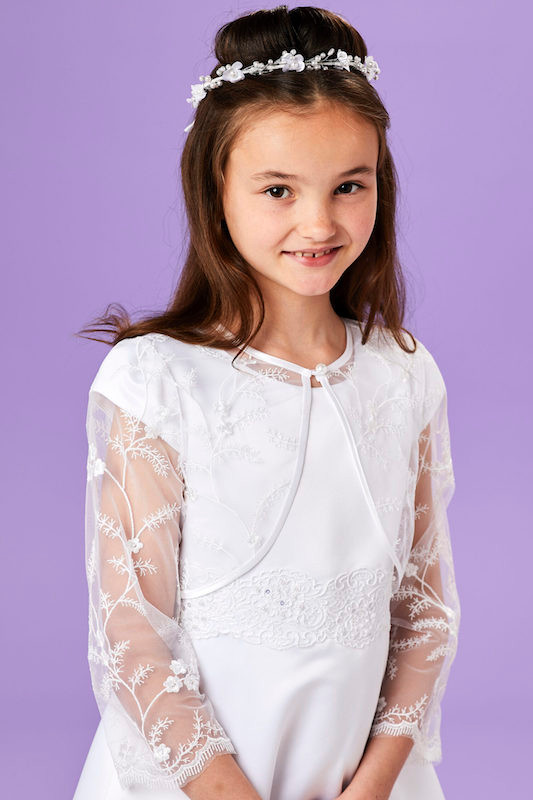 Peridot Girls White Beaded Lace 3/4 Sleeve Bolero - Style Kiera