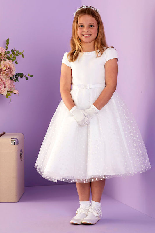 Peridot White Beaded Flock Spot Tea Length Dress - Style Neve