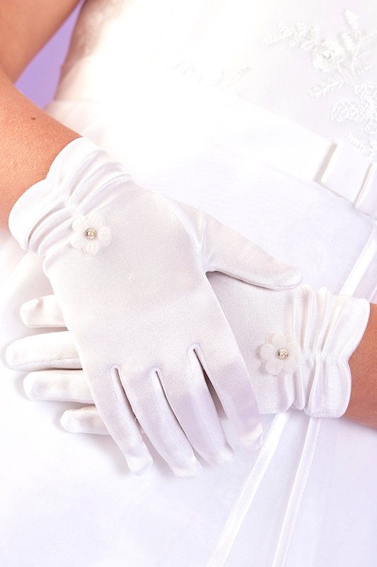 Peridot Girls White Diamante Ruched Gloves - Style Lois