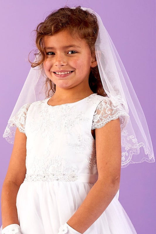 Peridot Girls White Chainstitch Communion Veil - Style Sylvie