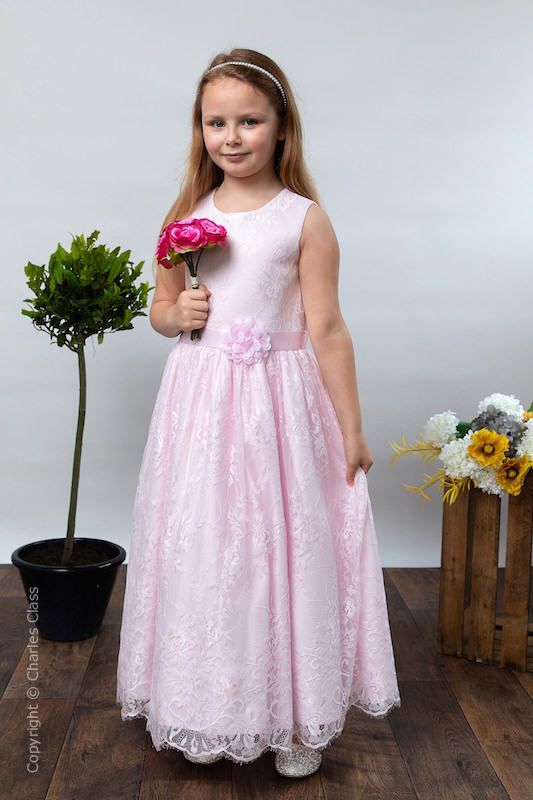 Girls Pink Eyelash Lace Dress & Flower Petal Sash - Harriet