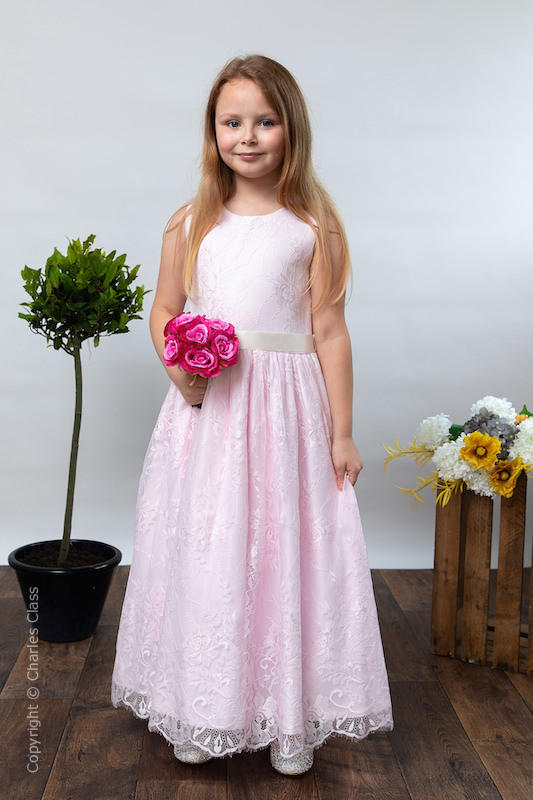 Girls Pink Eyelash Lace Dress & Ivory Satin Sash - Harriet