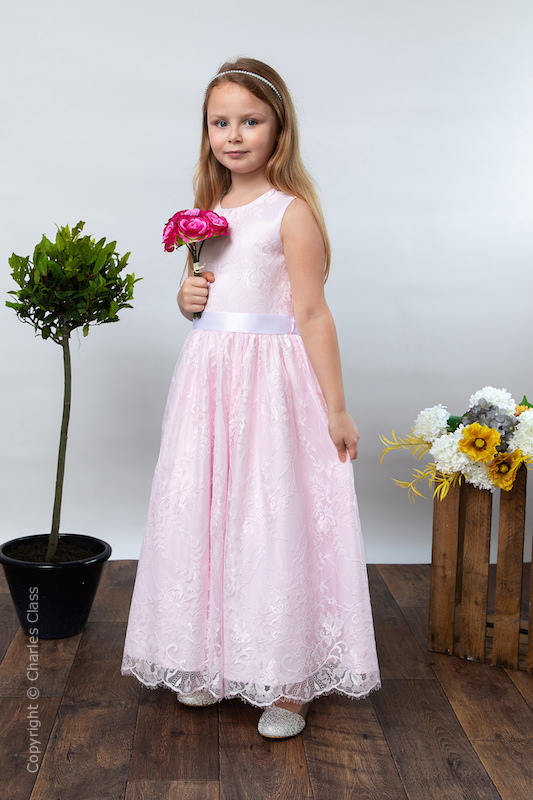 Girls Pink Eyelash Lace Dress & White Satin Sash - Harriet