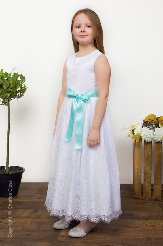 Girls White Eyelash Lace Dress & Aqua Satin Sash - Harriet