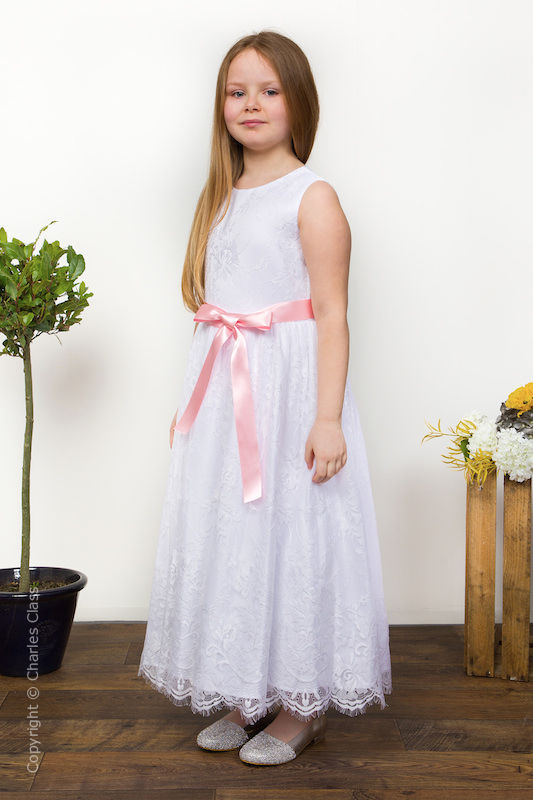 Girls White Eyelash Lace Dress & Baby Pink Satin Sash - Harriet