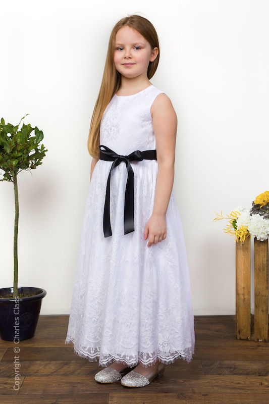 Girls White Eyelash Lace Dress & Black Satin Sash - Harriet