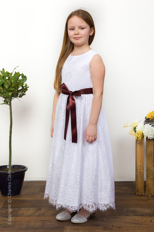 Girls White Eyelash Lace Dress & Brown Satin Sash - Harriet