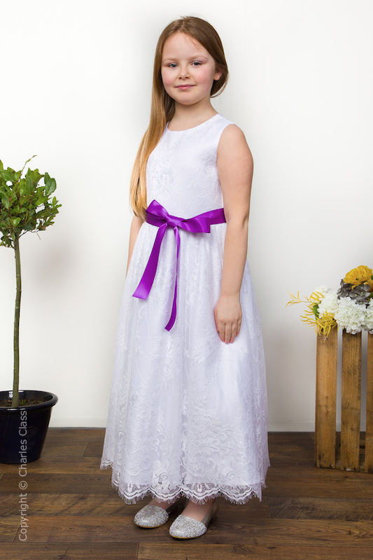 Girls White Eyelash Lace Dress & Cadbury Purple Satin Sash - Harriet