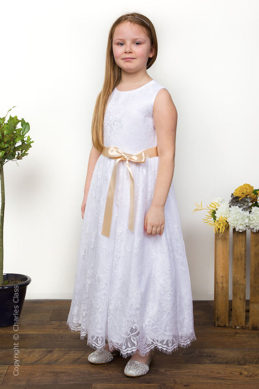 Girls White Eyelash Lace Dress & Champagne Satin Sash - Harriet