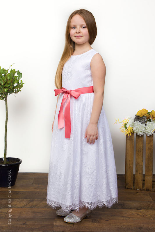 Girls White Eyelash Lace Dress & Coral Satin Sash - Harriet