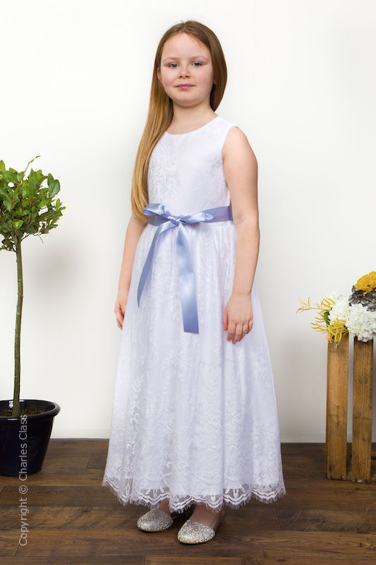 Girls White Eyelash Lace Dress & Cornflower Satin Sash - Harriet