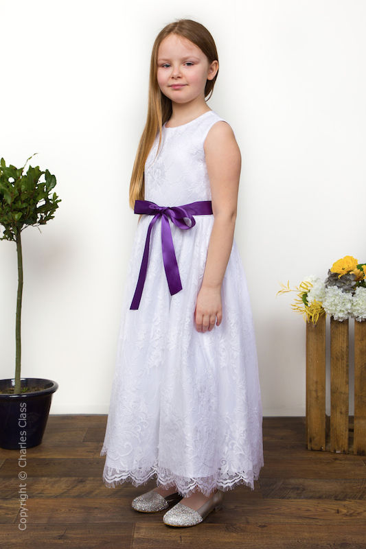 Girls White Eyelash Lace Dress & Dark Purple Satin Sash - Harriet