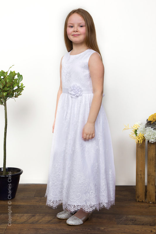 Girls White Eyelash Lace Dress & Flower Petal Sash - Harriet