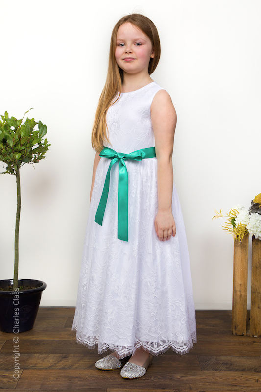 Girls White Eyelash Lace Dress & Jade Satin Sash - Harriet