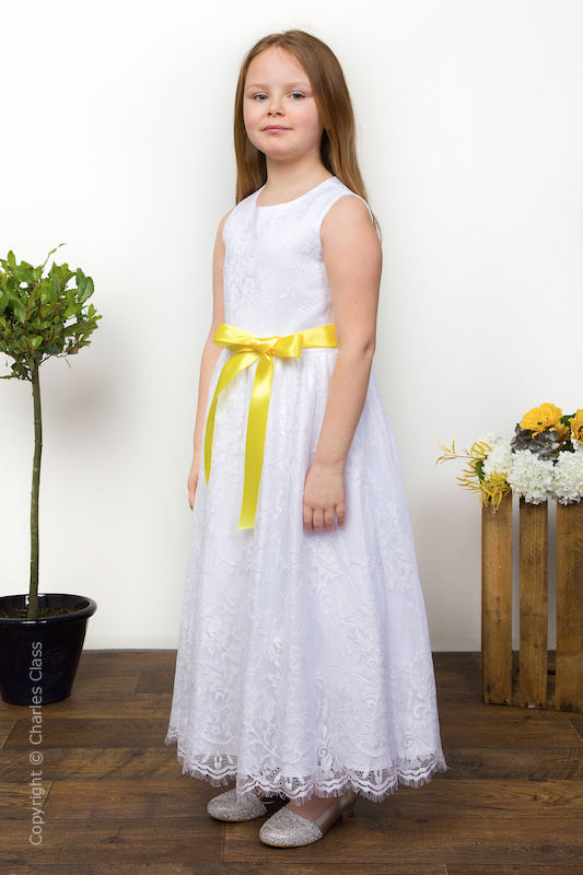 Girls White Eyelash Lace Dress & Lemon Satin Sash - Harriet