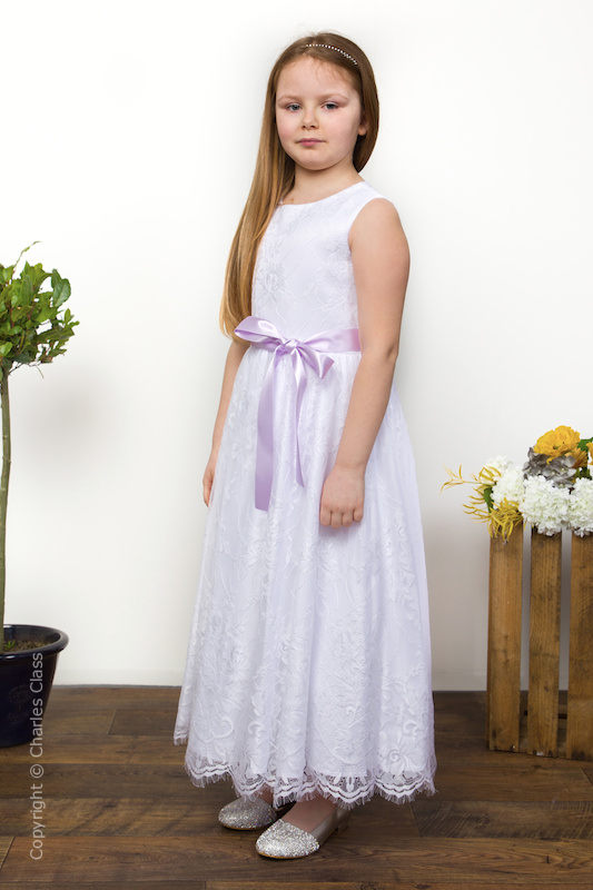 Girls White Eyelash Lace Dress & Lilac Satin Sash - Harriet