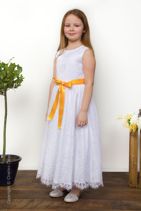 Girls White Eyelash Lace Dress & Marigold Satin Sash - Harriet