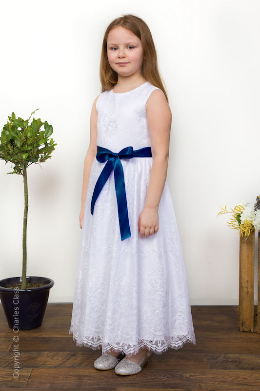 Girls White Eyelash Lace Dress & Midnight Blue Satin Sash - Harriet