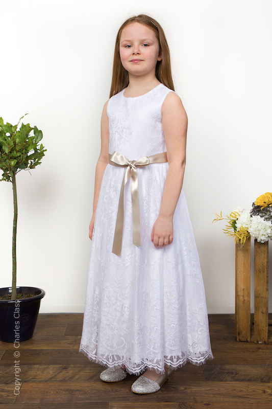 Girls White Eyelash Lace Dress & Mink Taupe Satin Sash - Harriet